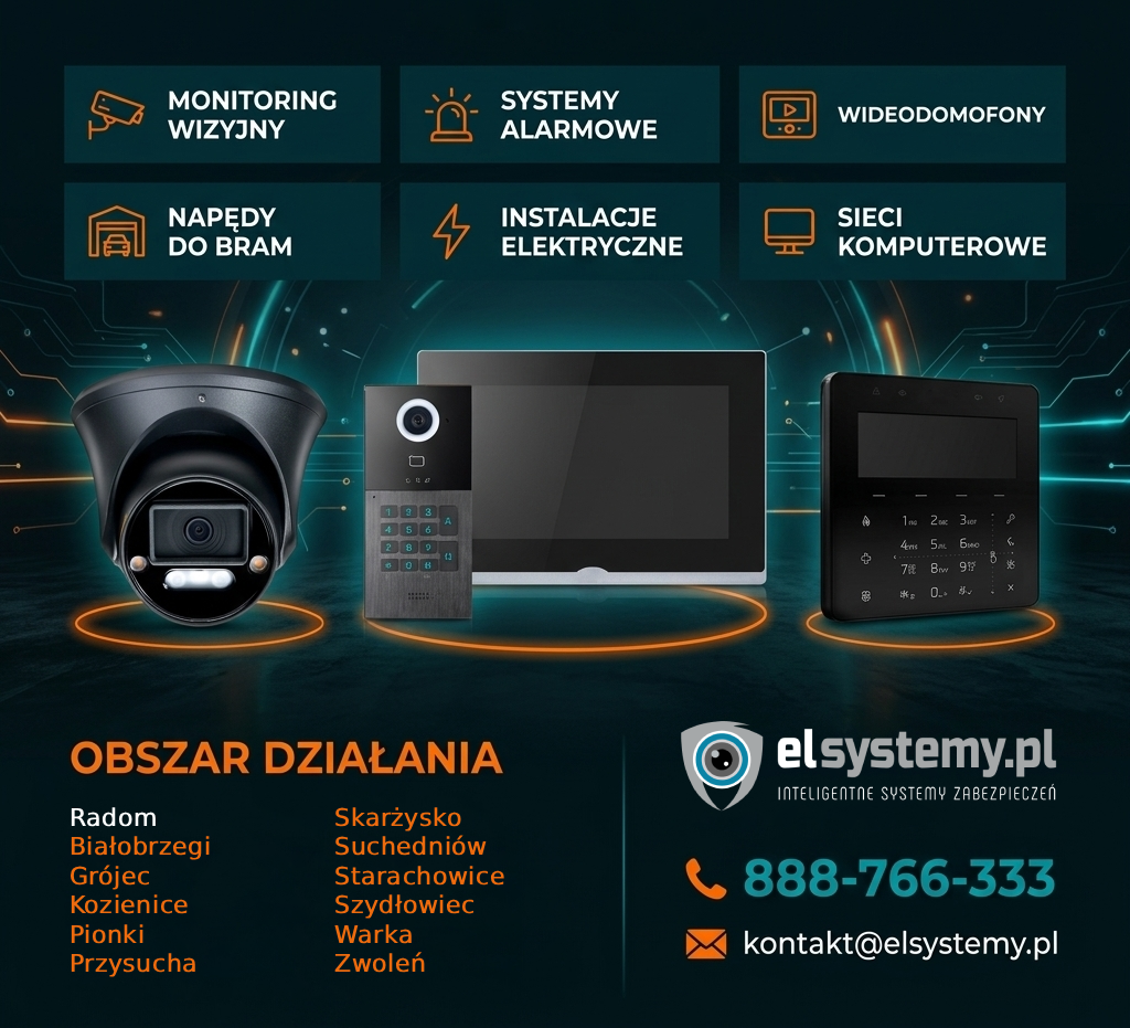 Świadczymy usługi z zakresu montażu: monitoring wizyjny, systemy alarmowe, wideodomofony, napędy do bram, instalacje elektryczne oraz sieci komputerowe LAN i WI-FI. Obsługujemy miasta: Radom, Białobrzegi, Grójec, Kozienice, Pionki, Przysucha, Skarżysko-Kamienna, Suchedniów, Starachowice, Szydłowiec, Warka i Zwoleń.